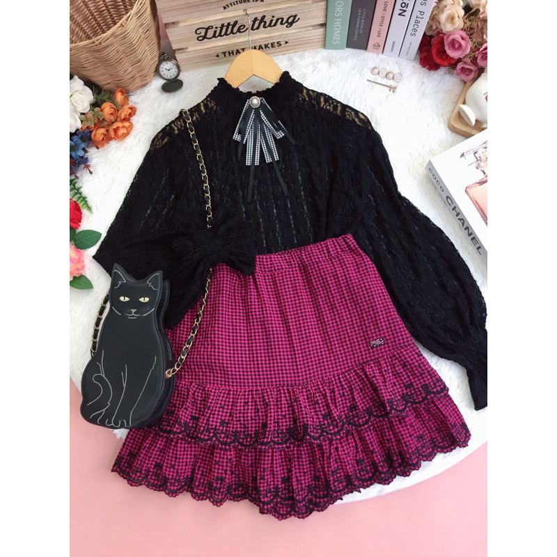 ‼️*เฉพาะกางเกงเท่านั้น🥀˚⋆₊Mezzo paino กางเกง ทรงกระโปรงลายสกอต 🍒ลายปักเชอร์รี่ 🍒แบรนด์ญี่ปุ่น ป้ายห้