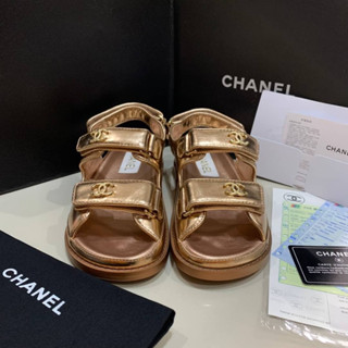 CHANEL FLATFORM SANDALS SHOES METALLIC BRONZE รองเท้าแตะแบบสวมสายคาดคู่ ตีนตุ๊กแก แบรนด์ชาแนล สีบรอนซ์