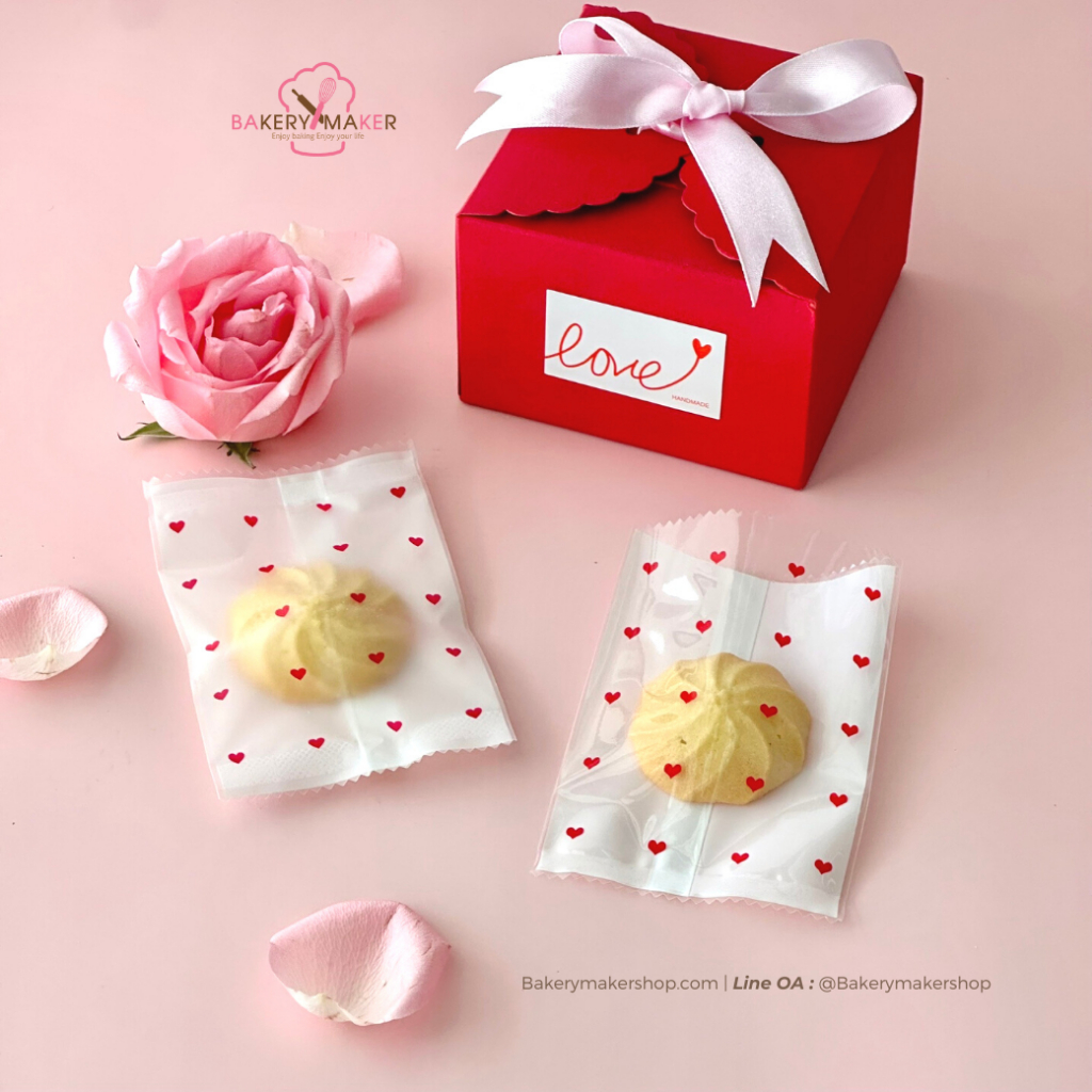 ถุงซีลใส-ขุ่น 7 x 10 ซม. ลายหัวใจ หลังขาว แพ็ค 50 ใบ Valentine's day ถุงขนม ถุงคุกกี้
