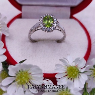 S6401 แหวนพลอยเพอริดอทแท้ ( Peridot ) ตัวเรือนเงินแท้ 925 ชุบทองคำขาว มีไซส์ 62