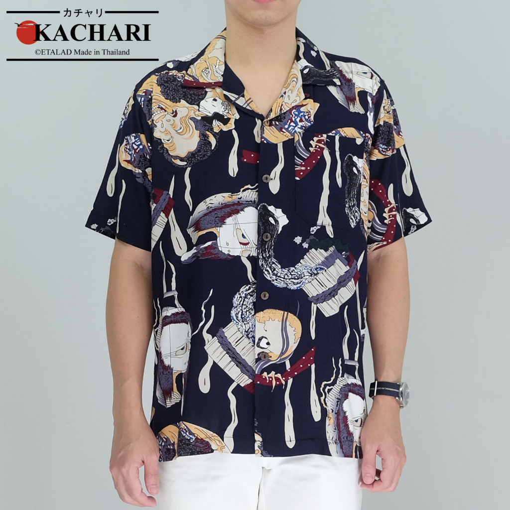 Shirts 350 บาท KACHARI “Japanese Ghost” (สีกรม) พร้อมส่งฟรี เสื้อฮาวาย เสื้อสงกรานต์ ผ้าเรยอน Men Clothes