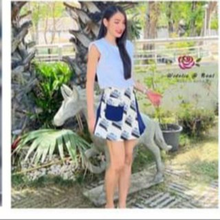 ชุดเซตเสื้อยืด กางเกงกระโปรงสั้น ขาสั้นไฮโซ ขาสั้นคุณหนู  ชุดเที่ยว ป้ายบน  widelia@real