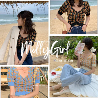 Mollygirl เสื้อไหมพรมจับจีบด้านหน้าลายดอกสม็อคแขน เสื้อครอป  2055#