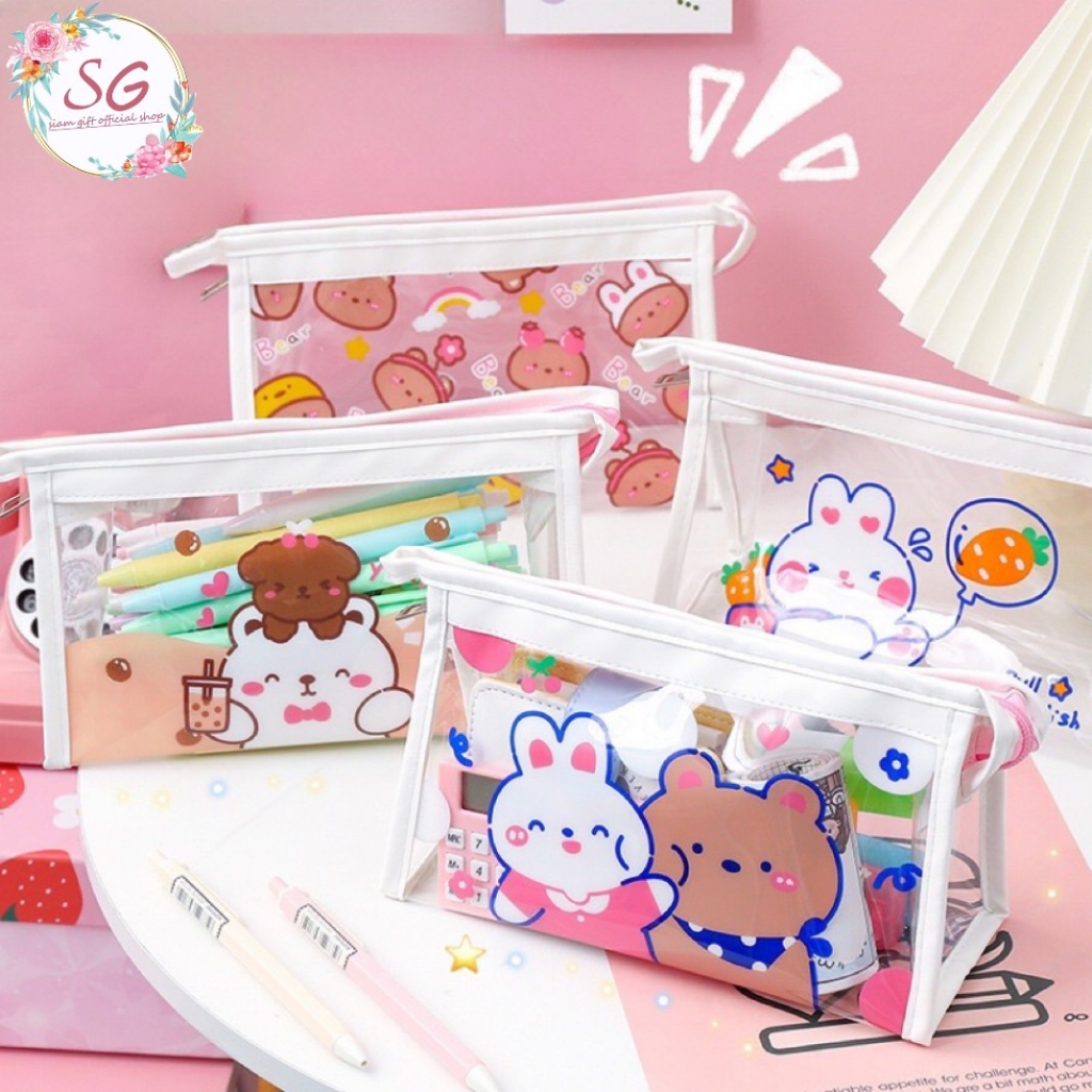 กระเป๋าดินสอแบบใสลายการ์ตูนน่ารัก ใส่เครื่องเขียน ปากกา ซิปล็อค กันน้ำ เครื่องสำอางค์ เก็บของ