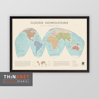 กรอบแผนที่โลกโมเดิร์น: กู๊ด โฮโมโลซีน โปรเจกชัน-มินิมอล คัลเลอร์ Modern World Map: Goode Homolosine  Projection-Minim