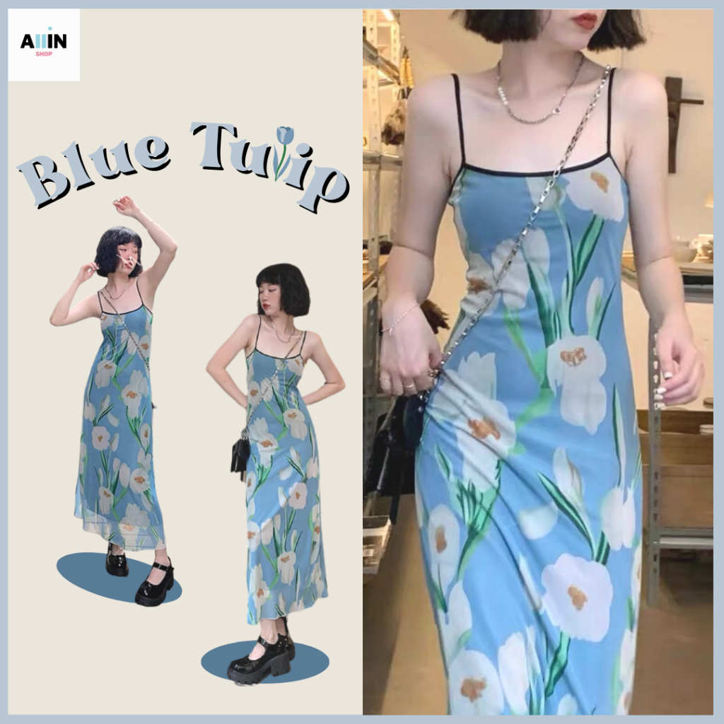 พร้อมส่ง Blue Tulip Dress เดรสทิวลิป เดรสสายเดี่ยว เดรสยาว ชุดกระโปรง เสื้อผ้าสไตล์เกาหลี เดรสลายดอก เดรสสีฟ้า