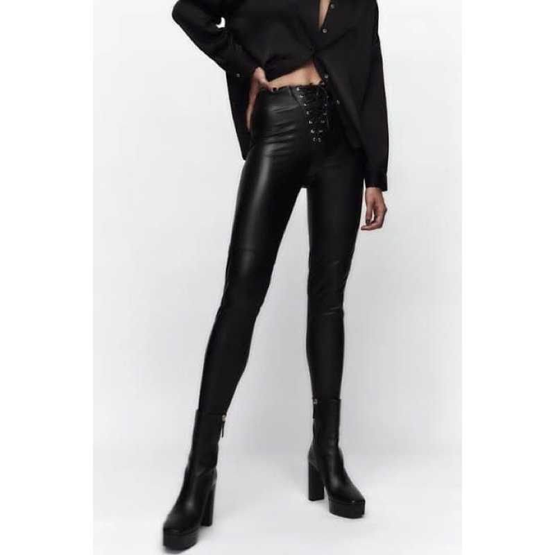 ZARA high waist leather pants กางเกงหนังขายาวเอวสูง สีดำ