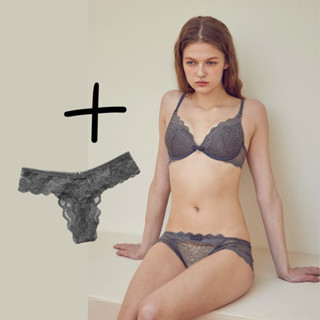 เซ็ตชุดชั้นในอกชิด 1 Bra with 2 Panties รุ่น Basic Lace Push Up Bra สี Grey (Made In Korea)