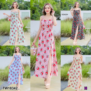 TT18342 เดรสยาว สายเดี่ยว อกเกล็ด ลายดอกไม้ Long dress, single strap, flake chest, floral pattern..