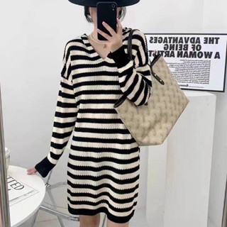 🌈🌿🌸🌼🌺🤎🧡🇰🇷Knit Stripe Hood Long Sleeve Dress