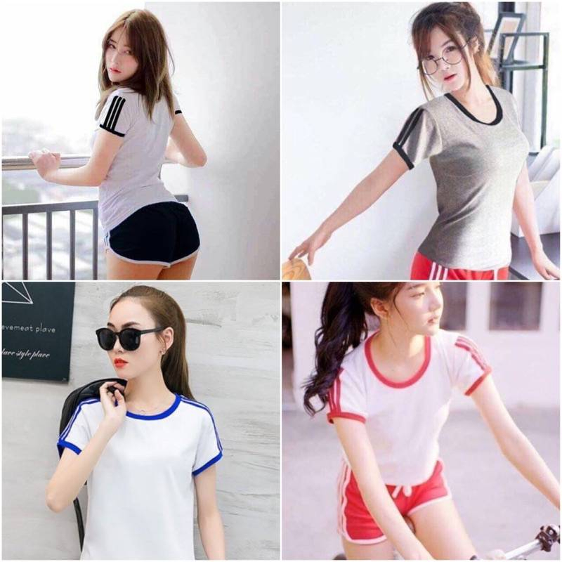 เสื้อคอกลมแขนสั้น 3แถบเต็มตัว (ผ้าคอตตอน) ทรงสปอร์ต เสื้อยืดคอกลมแขนสั้น ใส่เที่ยว ใส่นอน ใส่อยู่บ้าน ผ้านุ่ม เบาสบาย