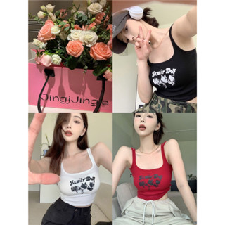 CHERISH (พร้อมส่ง) เสื้อครอป สายเดี่ยว 2 สาย ดีไซน์พิเศษ ผ้าร่อง ยืดได้ งานคุณภาพ มีฟองน้ำ