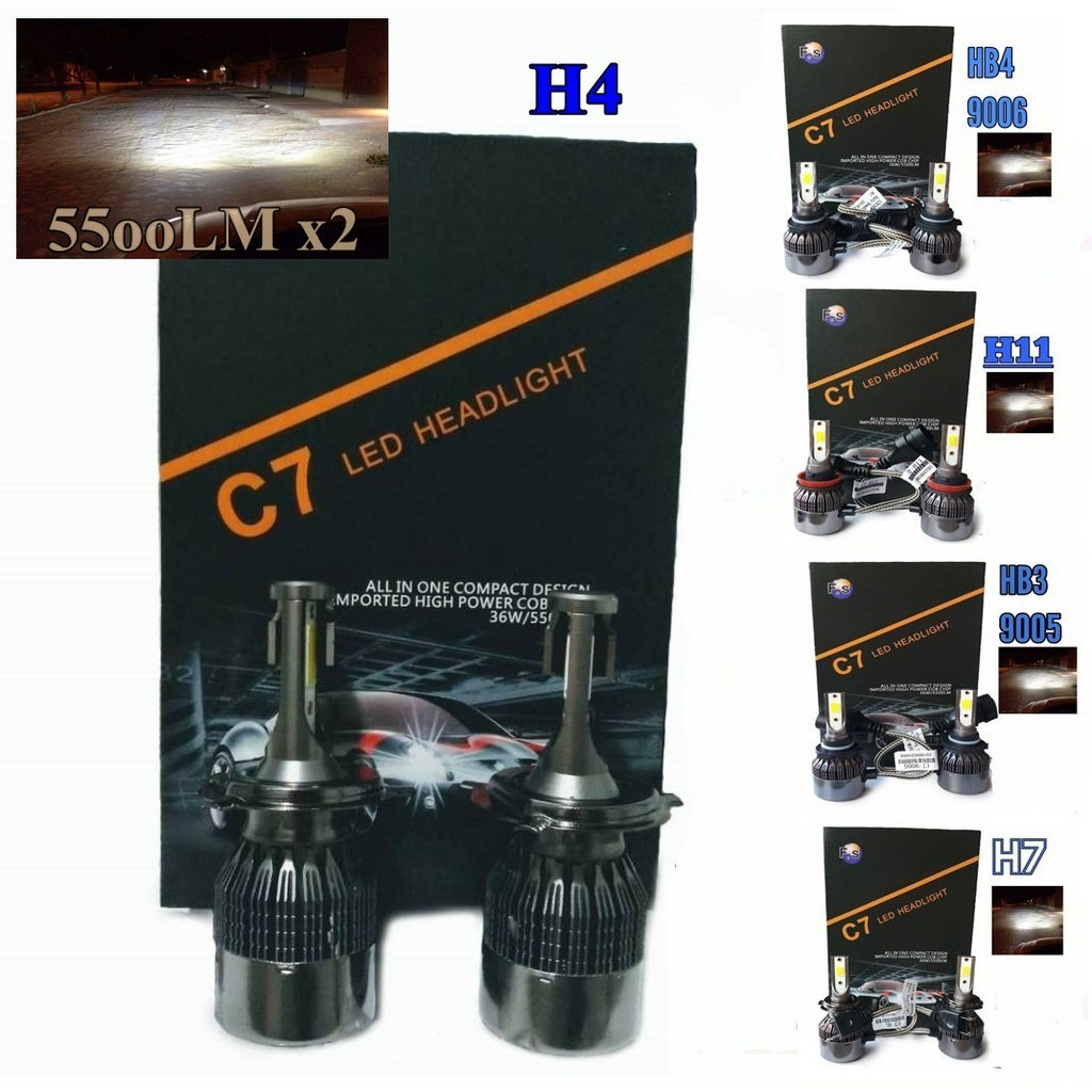 ไฟหน้ารถ LED C7ขั้ว H4 H11 HB4 HB3 H7 H3 H1 ความสว่าง 36W 5500LM แสงสีขาว (1 คู่) 12V-24V