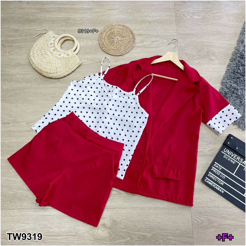 TT9319 Set 3 ชิ้น เสื้อสูท + สายเดี่ยวลายจุด+กางเกงขาสั้น	 Set 3 pieces: suit jacket + polka dot camisole + shorts - รูปที่ 6