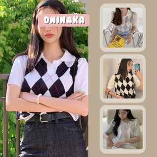 Oninaka เสื้อสเวตเตอร์บางแขนสั้นลายสก็อต เสื้อวินเทจ เสื้อแฟชั่นผญ 8805#