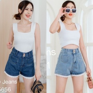 5656 G.D Jeans (มี 2 สี) ยีนส์ขาสั้นผ้าด้านทรงบอย แต่งลูกไม้ขาวปลายรอบขา ติดดุมทองแบบน่ารัก