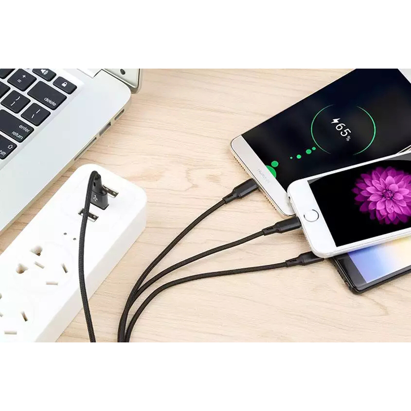 2025 รุ่นใหม่สุด 3 in 1 USB สายชาร์จมัลติฟังก์ชั่นถักไนลอน สายชาร์จสายสำหรับ iPhone/Android/Type-C ( มี5สีให้เลือก)