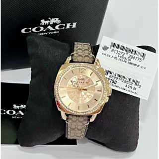 ⌚💥นาฬิกาข้อมือ สายผ้าลายC สีน้ำตาลคลาสสิคCOACH BOYFRIEND BROWN SIGNATURE LEATHER GOLD STEEL PAVE WOMENS WATCH