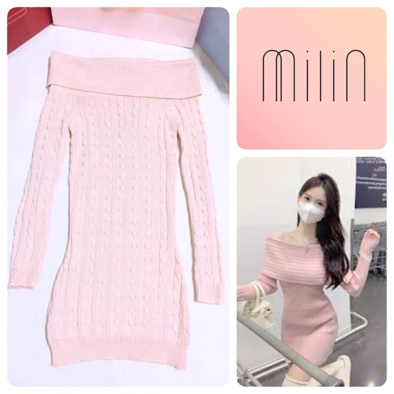 เสื้อกึ่งเดรสไหมพรมเปิดไหล่ สีชมพู เเบรนด์ Milin size uk 6
