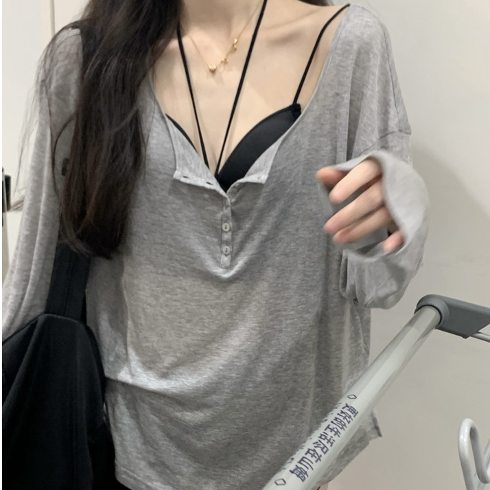 ❤️2366❤️ เสื้อยืดแขนยาว คอวี แบบบางเข้ารูป ป้องกันแดด เรียบๆ สําหรับผู้หญิง