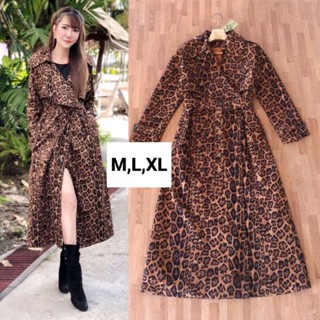 รับลมหนาว!!! M-XL Dress Coat เดรสโค้ทสีน้ำตาลลายเสือ+เข็มขัด งานป้าย bestpick