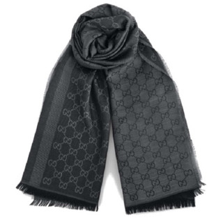 พร้อมส่ง ผ้าพันคอ ผ้าคลุมไหล่ GUCCI แท้ GG Web Wool Silk Long Scarf 282390 3G704 1062 ปี 2022 สี Dark Grey (Guccissima)