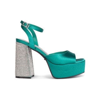 SHU RISING STARS 4.5" DGB CHUNKY ANKLE STRAPS - OCEAN GREEN SATIN รองเท้าส้นสูง