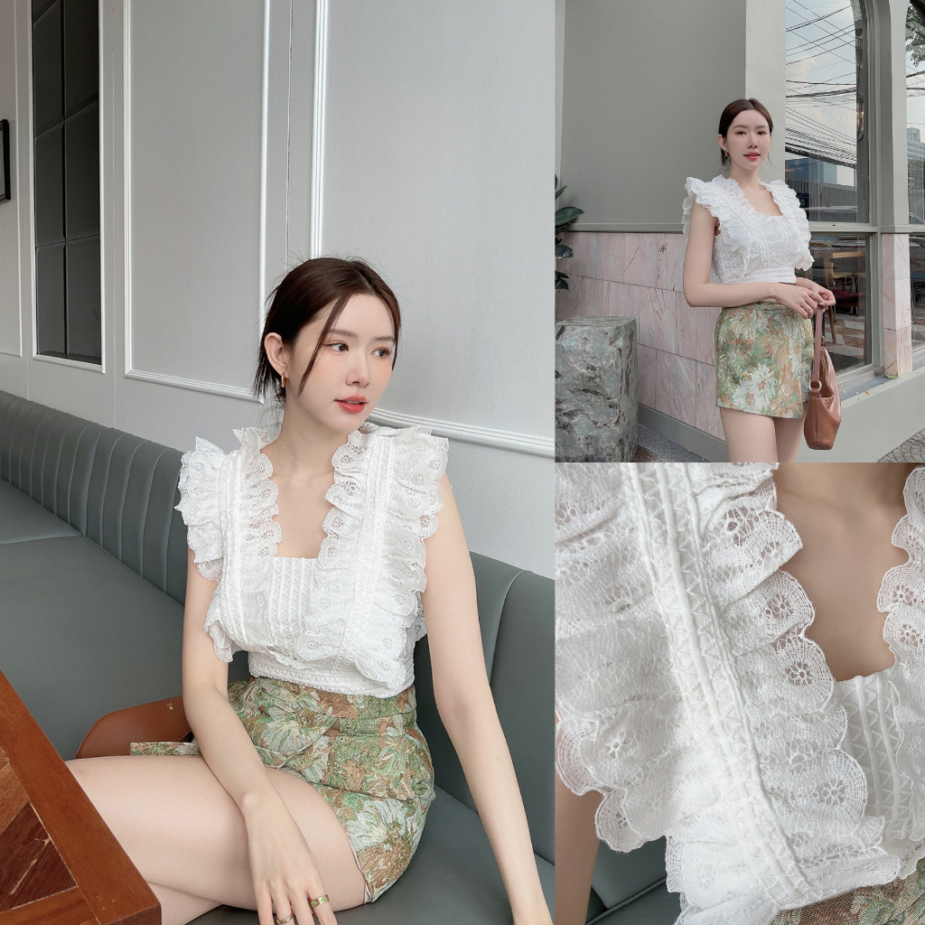 SLYQ BAROQUE RUFFLE LACE TOP & BROCADE SHORTS SET เซตเสื้อแขนกุดลูกไม้แต่งระบายกับกางเกงขาสั้นผ้าทอลาย