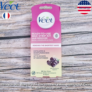 Veet® Ready-to-Use Wax Strip Kit Hair Remover Bikini, Underarm &amp; Face 20 Wax Strips 4 Wipes วีท แผ่นแว็กซ์กำจัดขน