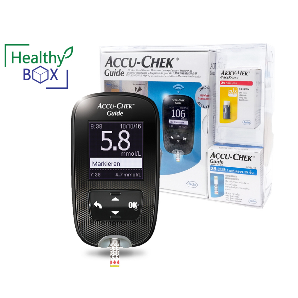 ACCU-CHEK Guide ชุดเครื่องตรวจน้ำตาล อ่านผล 4 วิ ตั้งเวลาเตือนก่อนหลัง ไม่ต้องเซ็ตเครื่อง น้ำหนักเบา (v)