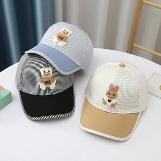 [พร้อมส่ง] หมวกเด็ก 1ปี-5ปี รอบหัว:50-52 cm. หมวกแก๊ป (Cap) ผ้าลายตาราง ติดตุ๊กตาหมี 🧸 ตุ๊กตากระต่าย 🐰 หมวกแฟชั่นเด็ก