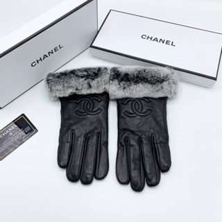 CHANEL QUILTED LAMBSKIN LEATHER SUIT WOMEN WARM WINTER GLOVES  ถุงมือกันหนาวแบรนด์ชาแนล หนังแท้ สีดำ ตัวหนังสือ CC