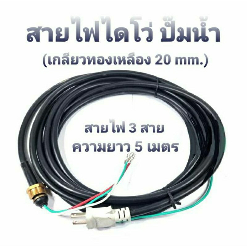 สายไฟไดโว่ ปั๊มน้ำ ปั๊มแช่ เกลียวทองเหลือง ขนาด 20mm. สายไฟ 3 สาย ยาว 5 เมตร มีปลั๊กในตัว สายไฟทองแดงแท้