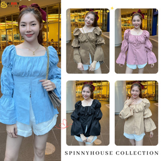 🌈SpinnyHouse🌈  เสื้อคอเหลี่ยม เสื้อฟรุ้งฟริ้ง ทรงลูกคุณมากค่า ปาดไหล่ ช่วงแขนทรงบอลลูนพองๆ ชายกระดิ่ง รุ่น ญาญ่า P101E