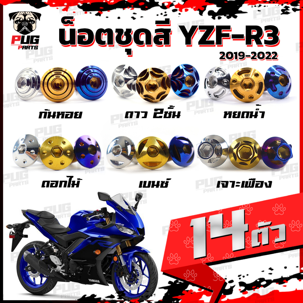 น็อตชุดสีR3 ปี 2019 (1ชุด=14 ตัว) น็อตชุดสีR-3 2019 YZF-R3 น็อตR3 น็อตYFZ-R3 น็อตเฟรมR3 น็อสแตนเลส (