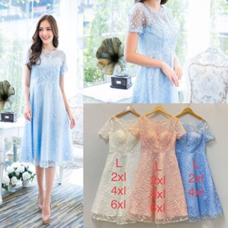 ชุดราตรี!!! L-6XL Dress เดรสสีฟ้า,เดรสออกงานแขนสั้นปักลูกไม้แต่งมุก งานป้าย Love Love