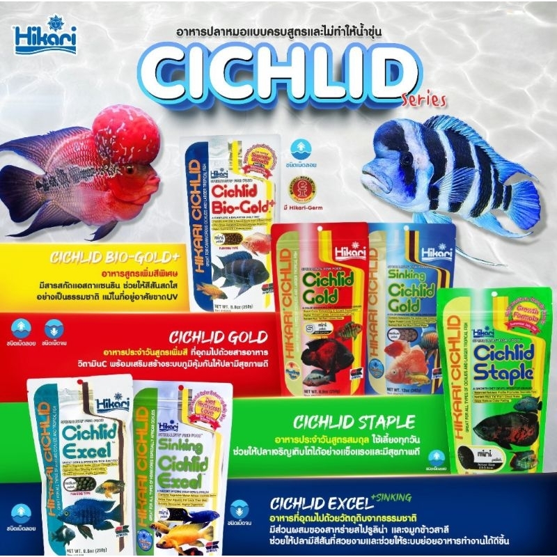 Hikari Cichlid อาหารปลาหมอ ทุกสูตร ทุกสี Bio-Gold+ / Excel เม็ดลอย/เม็ดจม / Staple / Gold เม็ดลอย/เม