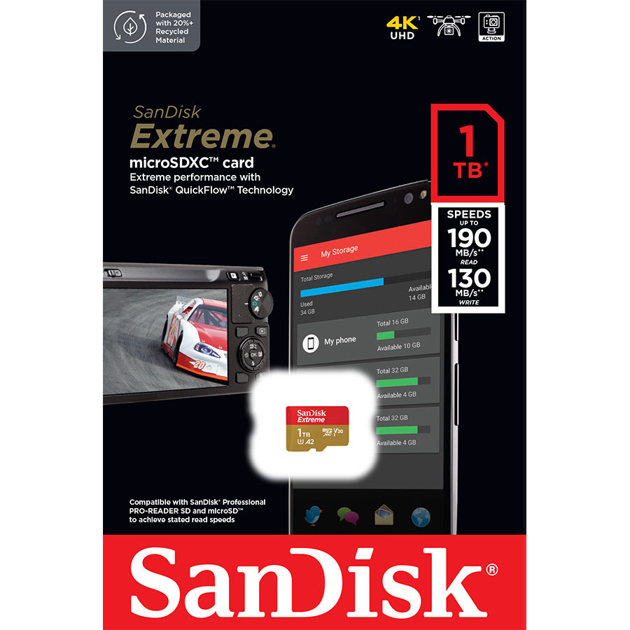 SanDisk Extreme microSDXC Card V30 U3 1TB 190MB/s R, 130MB/s W ( SDSQXAV-1T00-GN6MN)  Mobile Gaming 