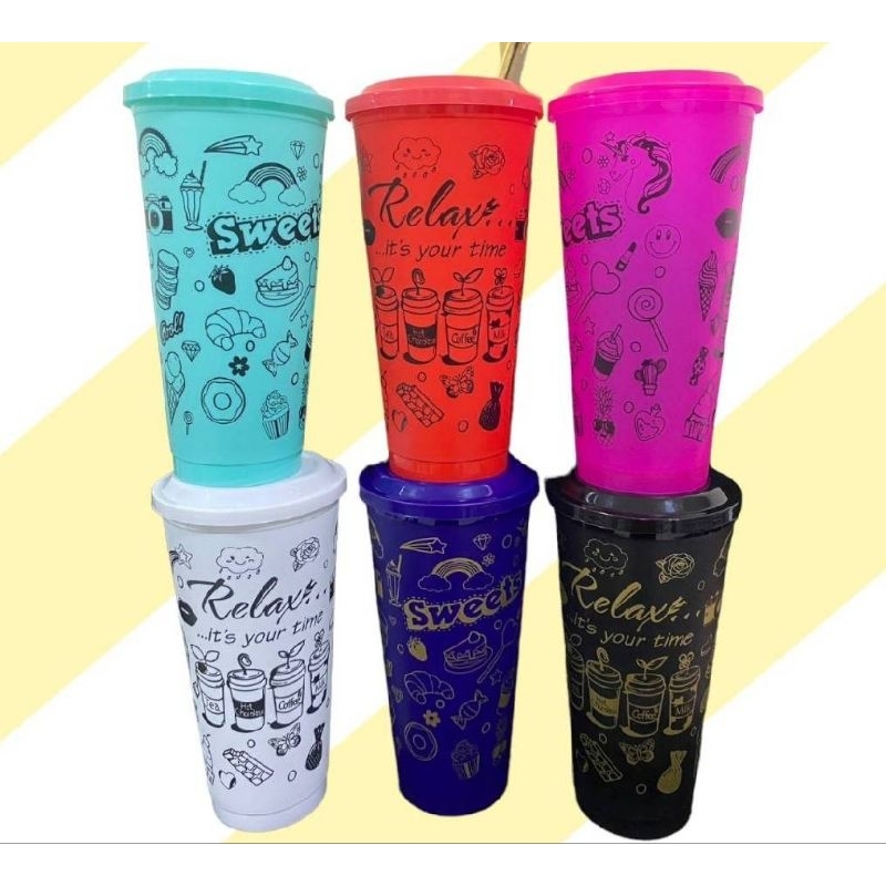 แก้ว 22 oz pp แข็ง สกรีนลาย Relax คละสี พร้อมฝาเรียบแข็ง คละสี รหัส K-22/k/90