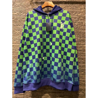 LOUIS VUITTON BLUE &amp; GREEN GRADIENT DAMIER COTTON HOODIE SWEATSHIRT เสื้อฮู้ดกันหนาวแขนยาว แบรนด์หลุยส์วิตตอง ลายปริ้นท์