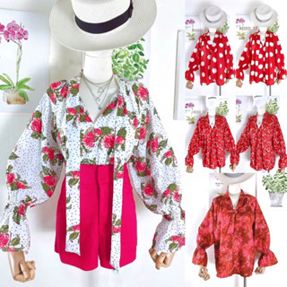 Vintage blouses เสื้อ เรียบง่ายสไตล์ Classic เสื้อแขนยาวลาย ผูกโบว์
