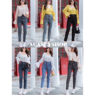 Acasey กางเกงยีนส์ผู้หญิง ขายาว ทรงบอยผ้ายืด ดุม2เม็ด ใหม่มาแรง รองรับสาวอวบ code:Boy2กระดุมPunny
