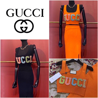 ชุดเซ็ต GUCCI EMBROIDERED CRYSTAL LOGO CROP TOP WITH SKIRT