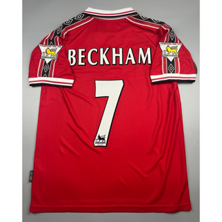 เสื้อบอล ย้อนยุค แมนยู 1998 เหย้า คอซิป Retro Manchester United Home พร้อมเบอร์ชื่อ 7 BECKHAM อาร์มพรีเมียร์ลีค เรโทร