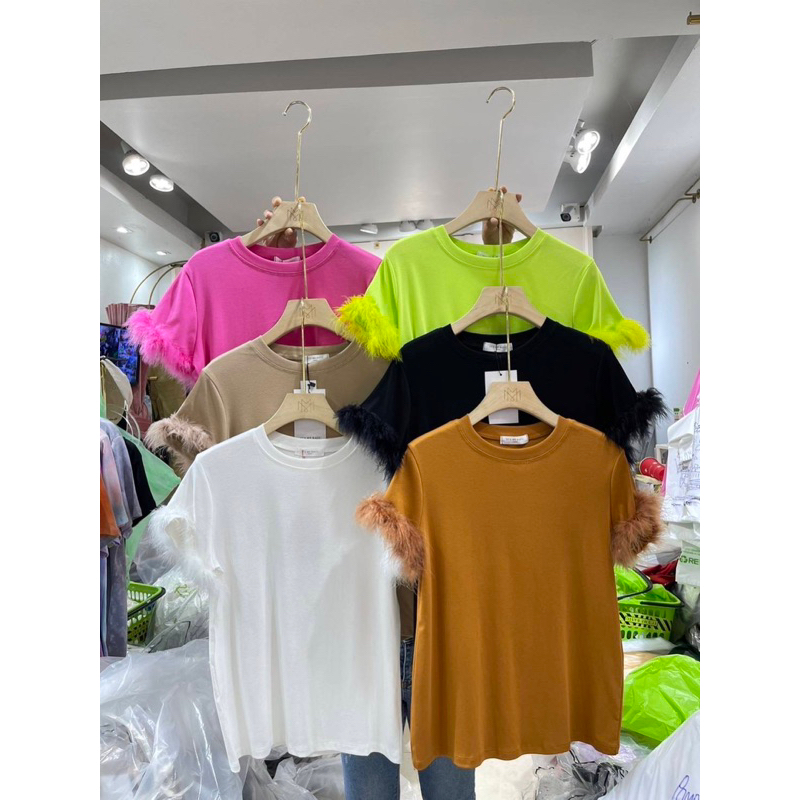 เสื้อยืดผ้าเด้งแขนแต่งขนนก💓ตัวเล็ก🕊️ป้าย it's me basic