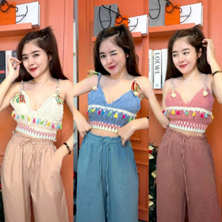 ❤️Set2pcs.❤️มัดรวม ชุดSummer 🌺🌼 คาเฟ่ก็ได้ ทะเลก็ดี🌊🌴เสื้อไหมพรมถัก+ กางเกงขาบาน เอวยืด มีกระเป๋าข้าง งานสวยมากกก