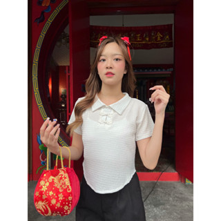 [TOPBASIX] - MeiMei top เสื้อโปโลแต่งคอจีน สีขาว
