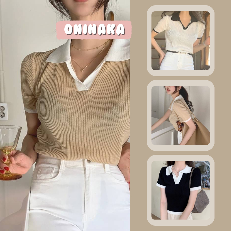 Oninaka เสื้อไหมพรมคอปกตัดขอบ เสื้อครอปหญิง