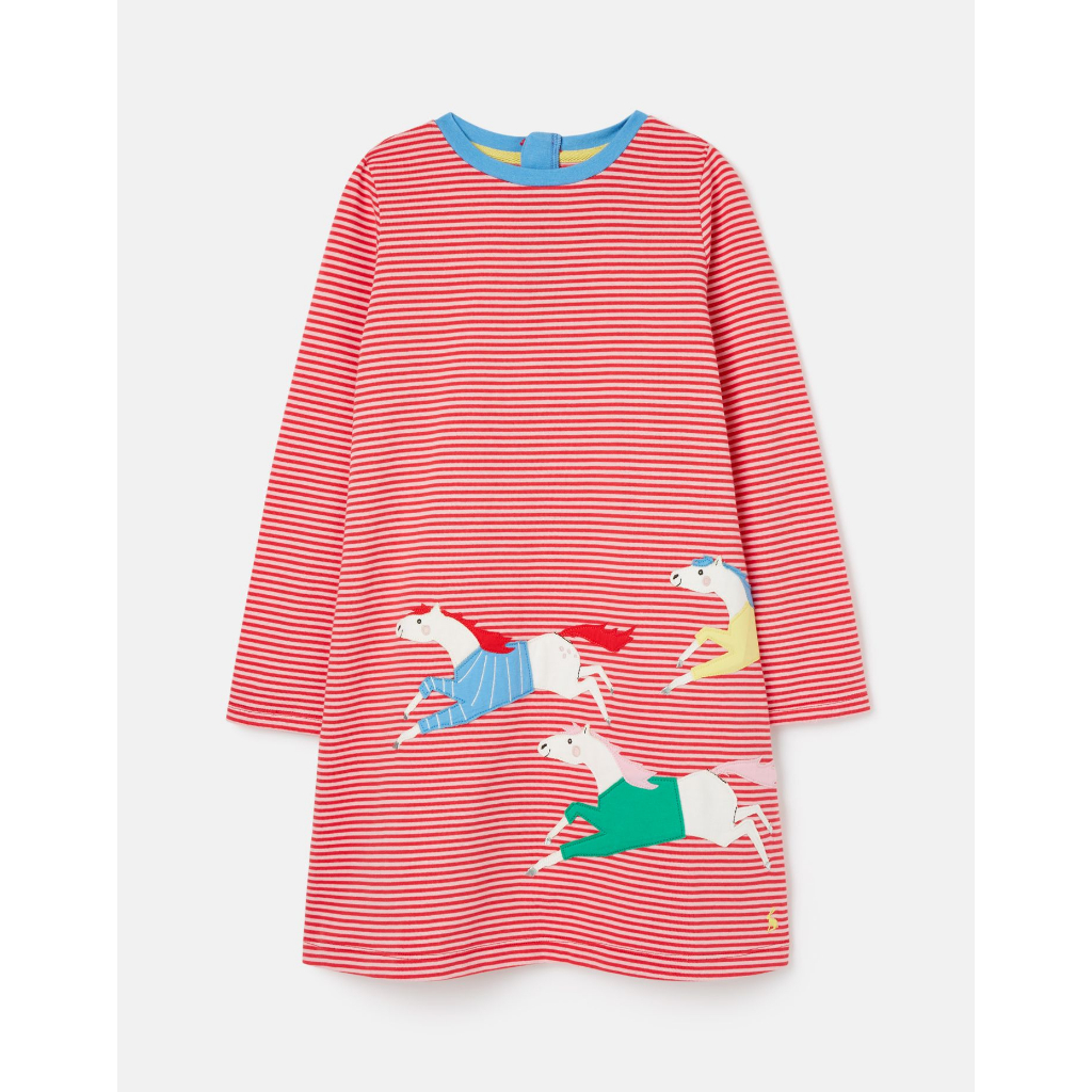 💙Joules Size 2-12 ขวบ 💥(ใส่งานคริสต์มาสได้) ชุดเดรสแขนยาวทรงเอสีส้มลายขวาง งานปักรูปม้า