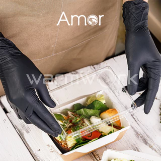 (Amorแท้) ถุงมือทำอาหารสีฟ้า/สีดำ Amor ยางไนไตรแท้ ไม่มีแป้ง มาตรฐาน Food Grade สำหรับร้านอาหาร 100 ชิ้น/กล่อง